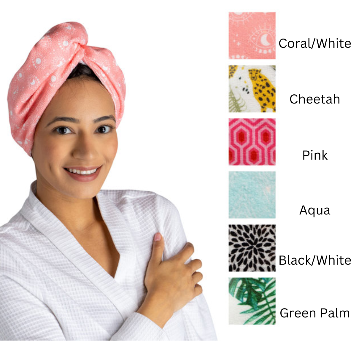 A woman wearing a pink Plot Twist Turbo Towel from DM Merchandising Inc revels in hands-free drying near six fabric color swatches: Coral/White, Cheetah, Pink, Aqua, Black/White, and Green Palm. This super absorbent microfiber hair towel enhances her post-shower routine with effortless chic.