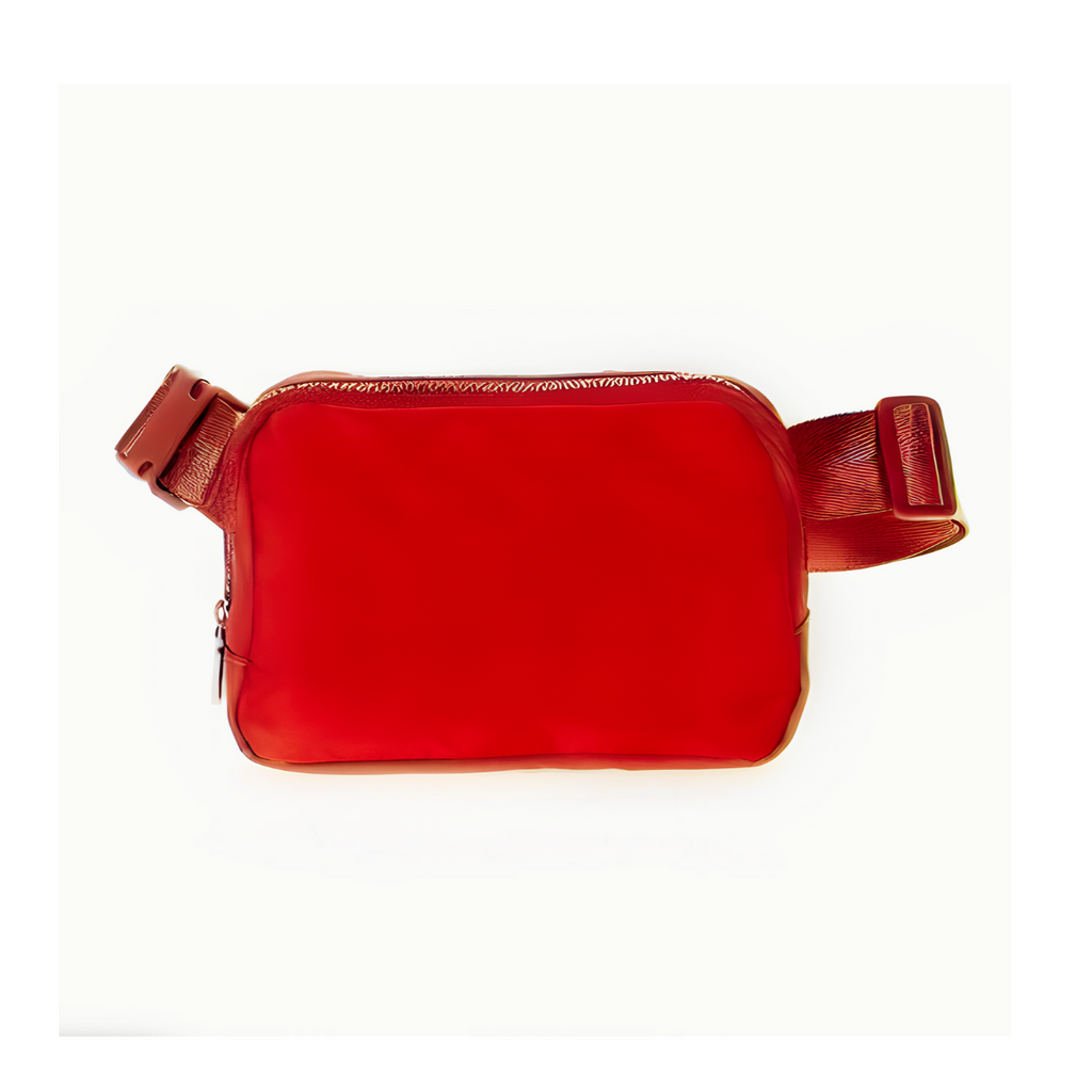 Fashion Go's Fanny Pack Sling Bag in red features a rectangular shape, zipper closure, and adjustable strap against a white background.