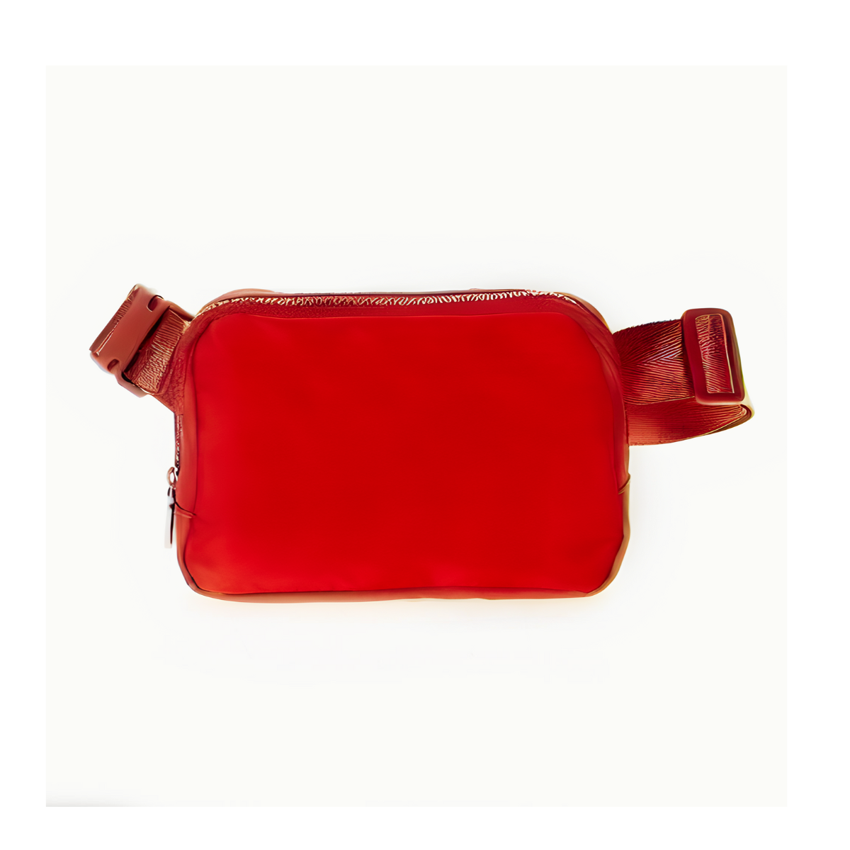 The Fashion Go Fanny Pack Sling Bag Nylon features a zipper and adjustable strap, presented in red against a white background.