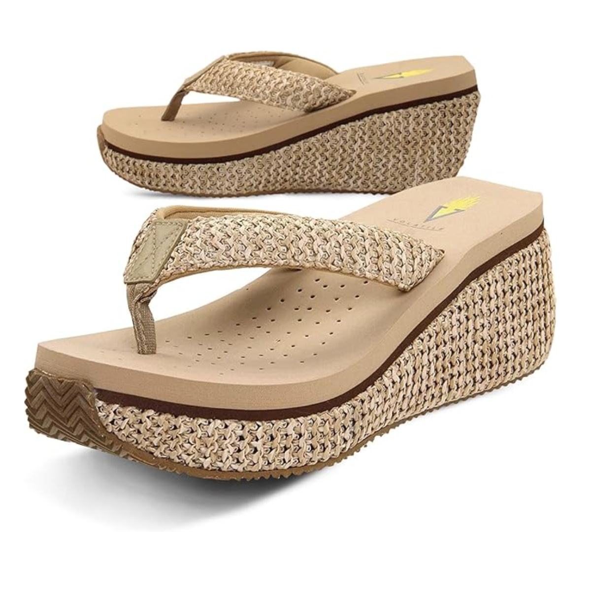 The Island Wedge Rattan Flip Flop in Natural by PV Footwear features beige wedge-heeled flip-flops with textured straps, woven raffia platform soles, and an ultra-comfort EVA insole for all-day ease.