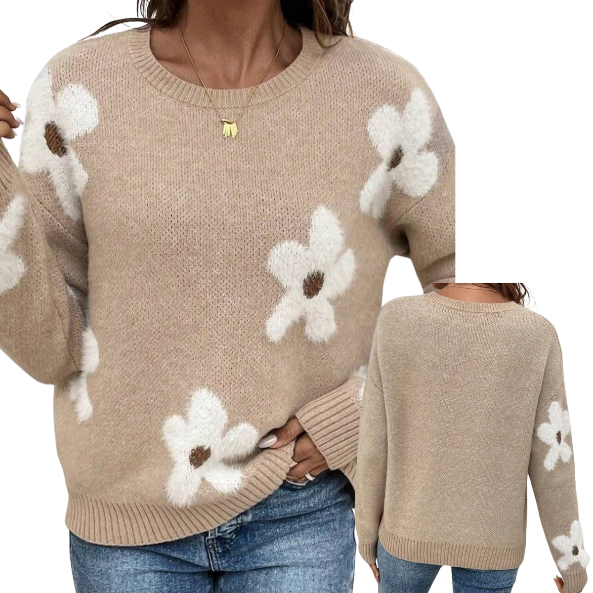 A person wears the Daisy Flower Thick & Cozy Sweater from FASHION GO, a vintage-inspired beige item with rib-knit detailing and white floral patterns, paired with blue jeans. A smaller image shows the sweater's back.