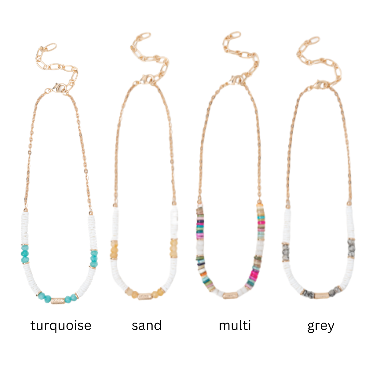 Four ganz Puka necklaces are showcased vertically, each 15" long with a 3" extender and featuring bead sections in turquoise, sand, multicolored, and grey. The word under each necklace perfectly matches its bead color. Main image