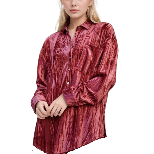 A person wearing a Crinkled Velvet Button Front Shirt by FASHION GO, with their hands clasped together in front.