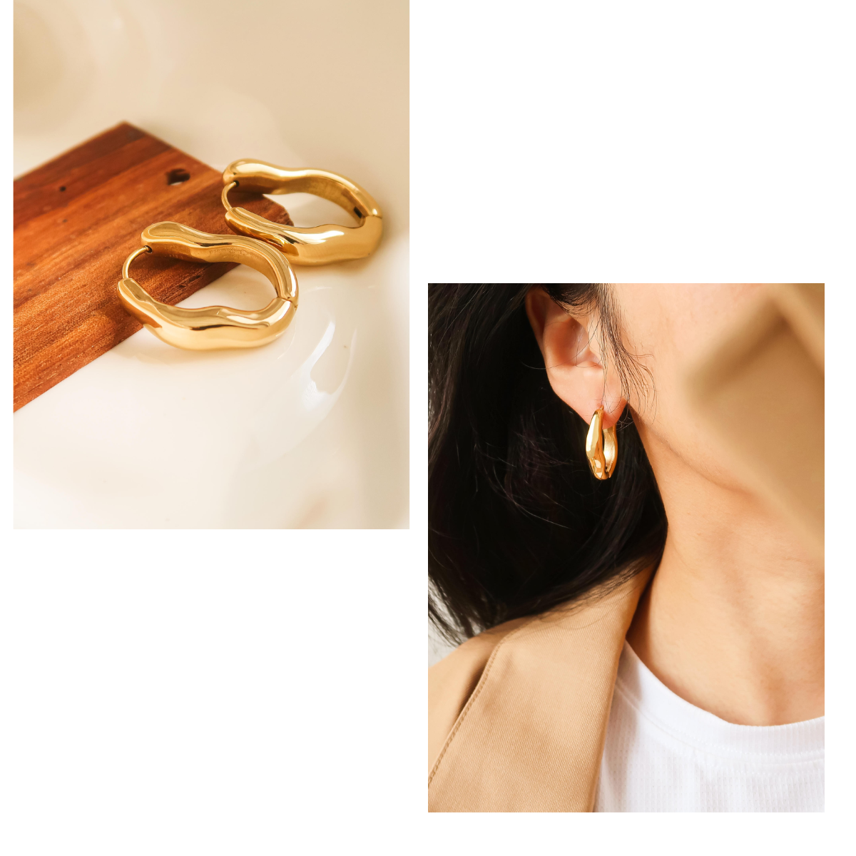 The first image shows Flanerie's 18K Gold Non-Tarnish Oval Hoop Earrings on a surface, and the second image displays them elegantly worn. Main image