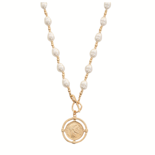 The FASHION GO Medallion Pendant and Pearl Bead Necklace features gold accents, an 18-inch chain, and a round medallion pendant with an engraved classic profile at the center.