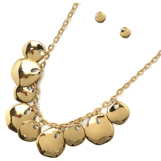 The FASHION GO Metal Round Link Necklace set features an 18-inch gold-tone necklace with large flat disc charms and matching stud earrings, displayed on a white background.