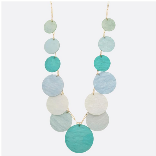 FASHION GO’s Turquoise Disc Necklace features a gold chain with eleven overlapping flat turquoise discs—an eye-catching, colorful accessory perfect for any occasion.