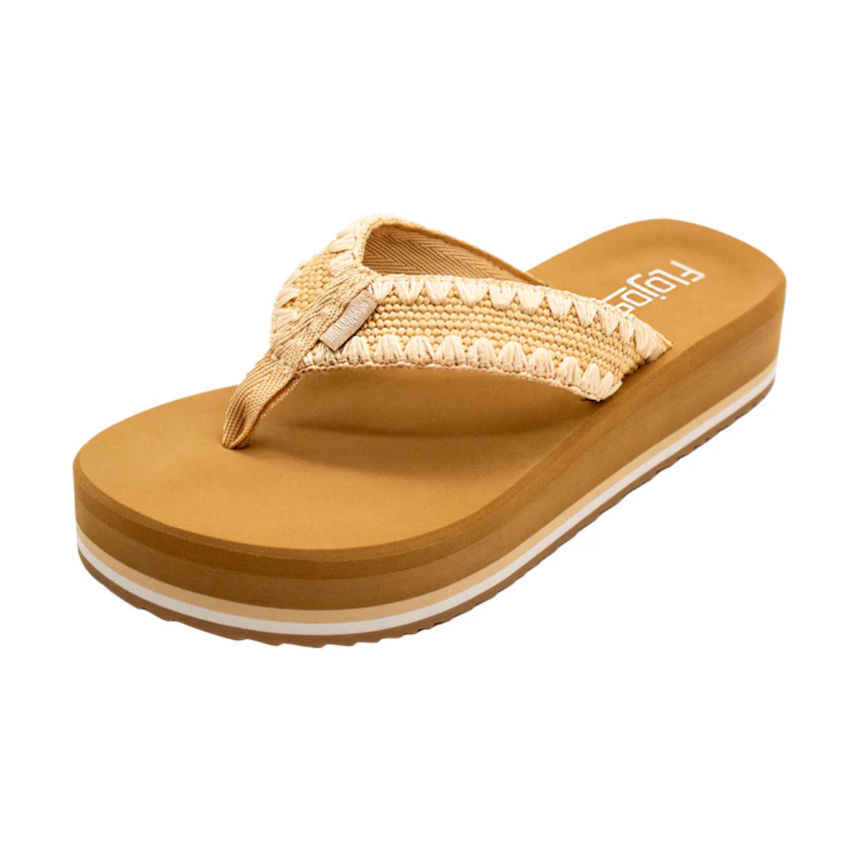 The FLOJOS Breeze Ladies Platform Wedge Flip Flop showcases a raffia woven strap upper and tan EVA footbed on a layered sole, presented against a white background.
