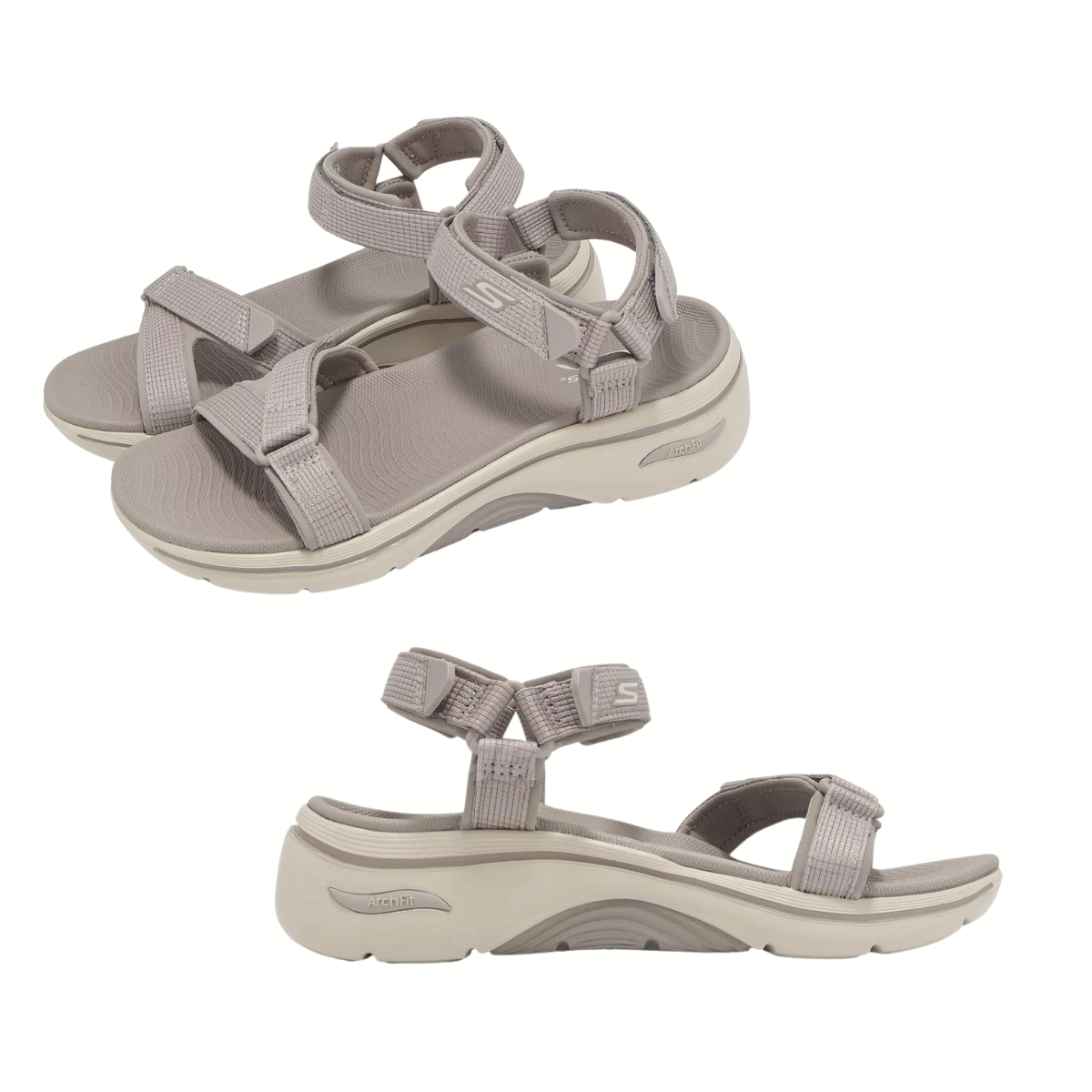 The SKECHERS GO WALK Arch Fit 2.0 Sandal - Exhilarate in Taupe features adjustable straps and thick cushioned soles with Comfort Pillar Technology, displayed from three-quarter and side views on a white background.