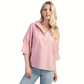 A woman with long blonde hair models the FASHION GO Lightweight V-Neck Popover Shirt in light pink with three-quarter sleeves and light blue jeans, standing against a white background.