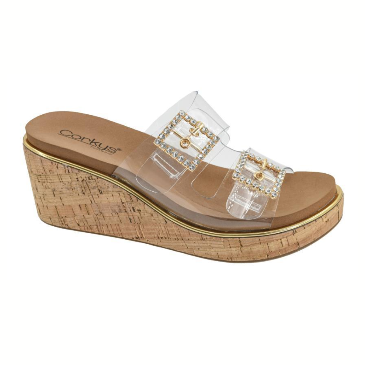 The Twinsie in Clear by CORKY'S FOOTWEAR INC features a cork platform, tan footbed, and clear straps with gold and rhinestone buckles—ideal for stylish comfort seekers.