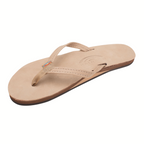 A single RAINBOW SANDALS Rainbow Sandals Single Layer Leather Narrow Strap in Sierra Brown features visible stitching and an embossed logo on the leather footbed.