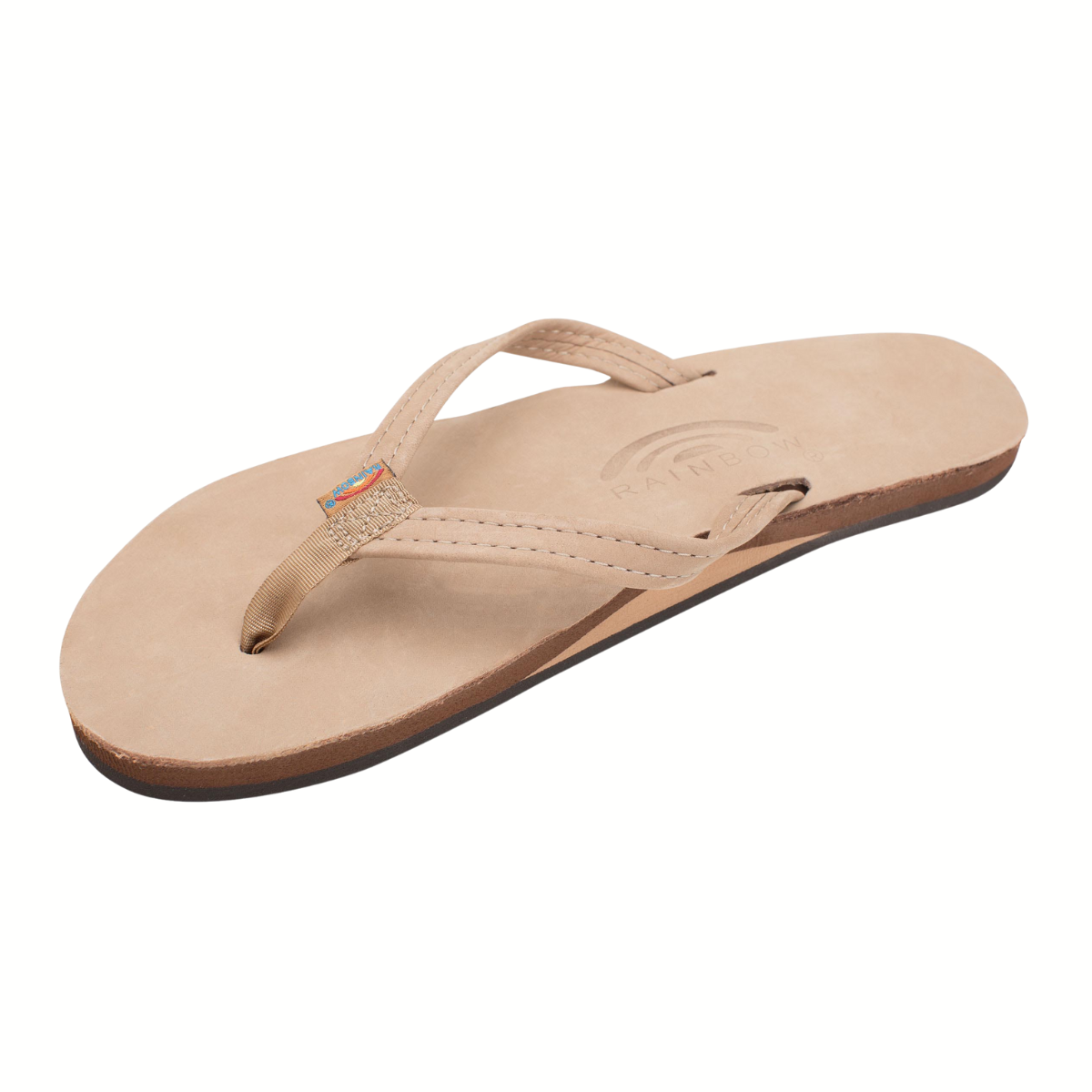 The RAINBOW SANDALS Single Layer Premier Leather with Arch Support features a tan 1/2" narrow strap, visible stitching, brown sole, and a small rainbow tag on the strap.