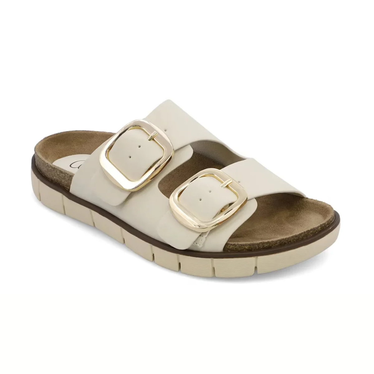 Step out in the MIA Mylaa Sandal, featuring two wide beige straps with bold gold buckles and a cushioned, textured sole—perfect for your next beach day.