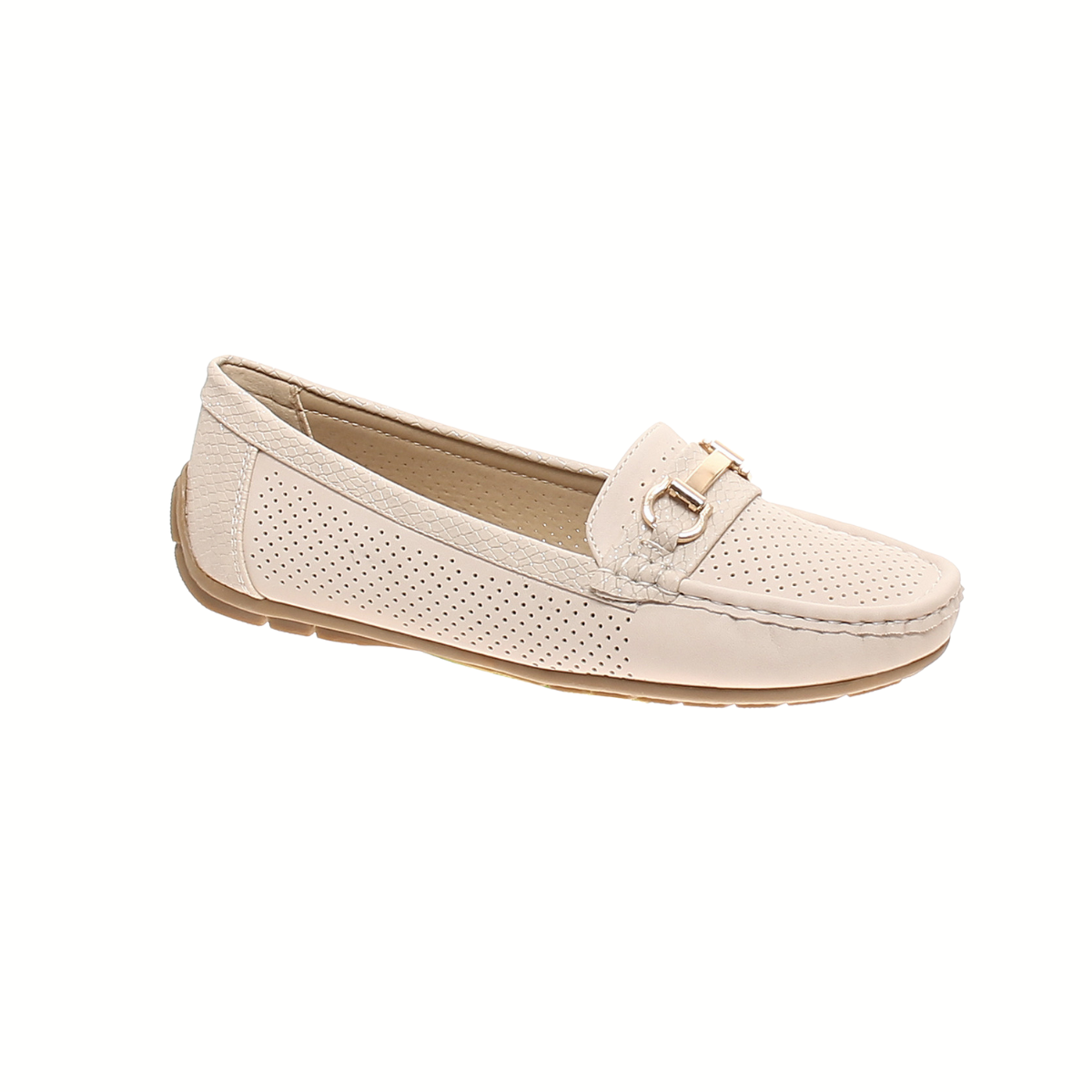 The Olem Aramis Loafer in Cream features beige perforated leather, a gold buckle detail, and a flat rubber sole—perfect ivory loafers to style with jeans, shown on a white background.