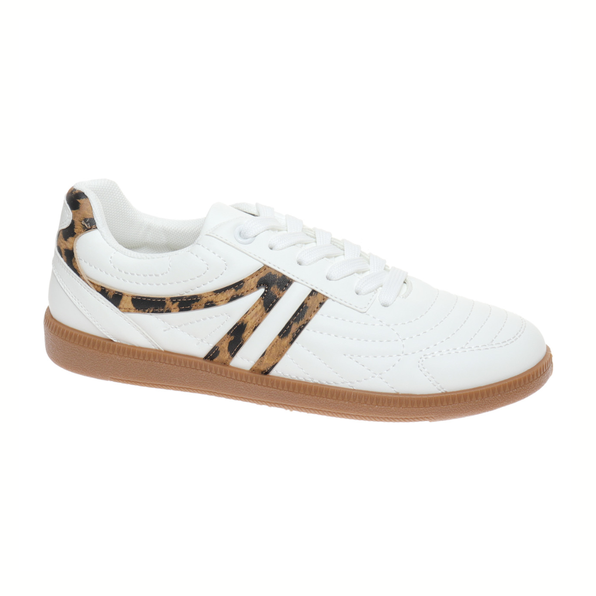 The Olem Great-2 Sneaker in Leopard White Combo features a white synthetic upper, leopard-print side stripes and heel tab, brown gum sole, and cushy foam footbed for all-day comfort.