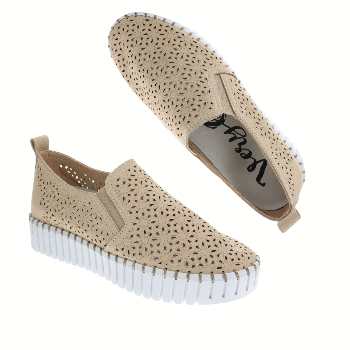 The Nicole Platform Tennis Shoe in Nude by VERY G features a cushioned footbed, laser-cut floral designs, and thick white textured soles. Shown from side and top angles on a white background.