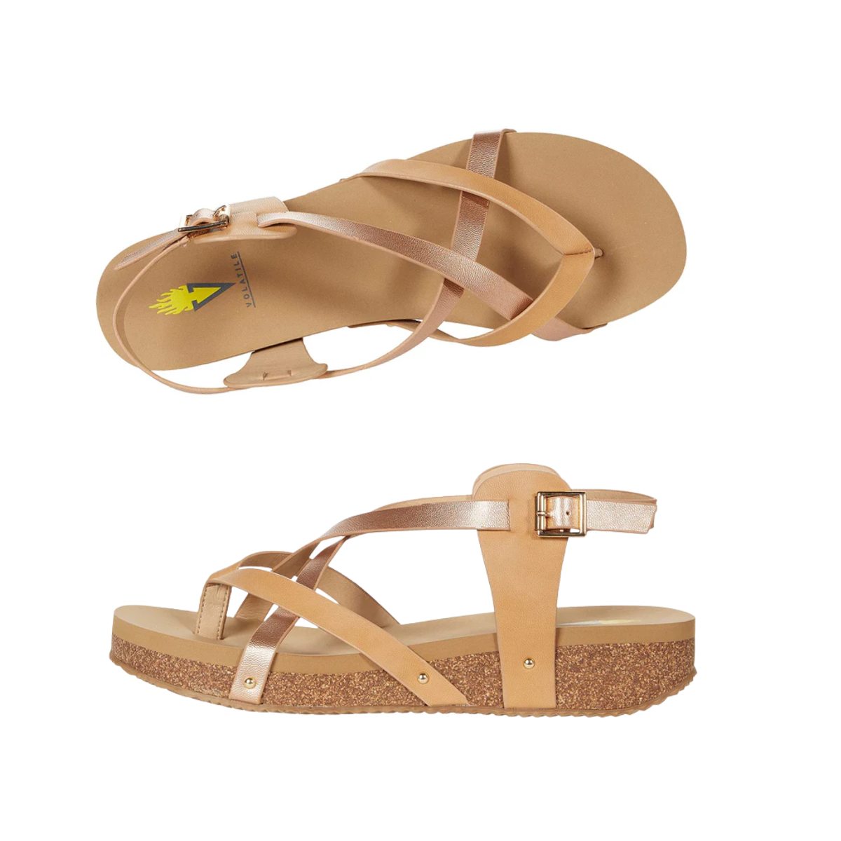 Two rose gold Engie Low Platform Sandals by Flipflops & Whatnots feature vegan leather, buckle closures, and cork soles, shown from side and top views on a white background. Main image
