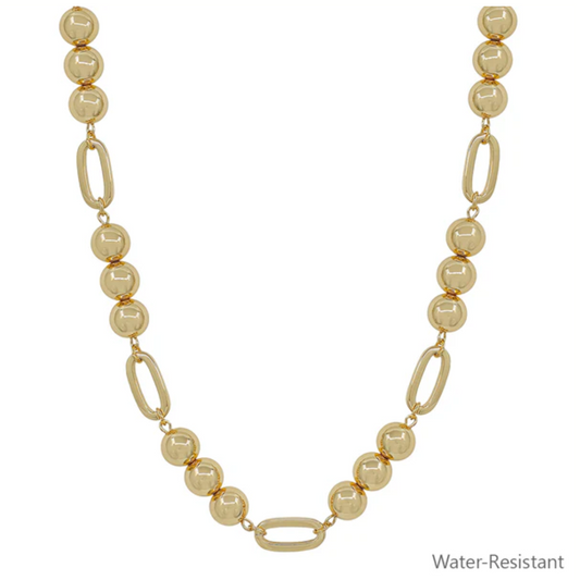 Fashiongo Water Resistant Gold Beaded 10MM Beaded and Open Oval Necklace, adjustable 16"-18", features alternating round beads and open oval links, displayed on a plain background with "Water Resistant Necklace" text.