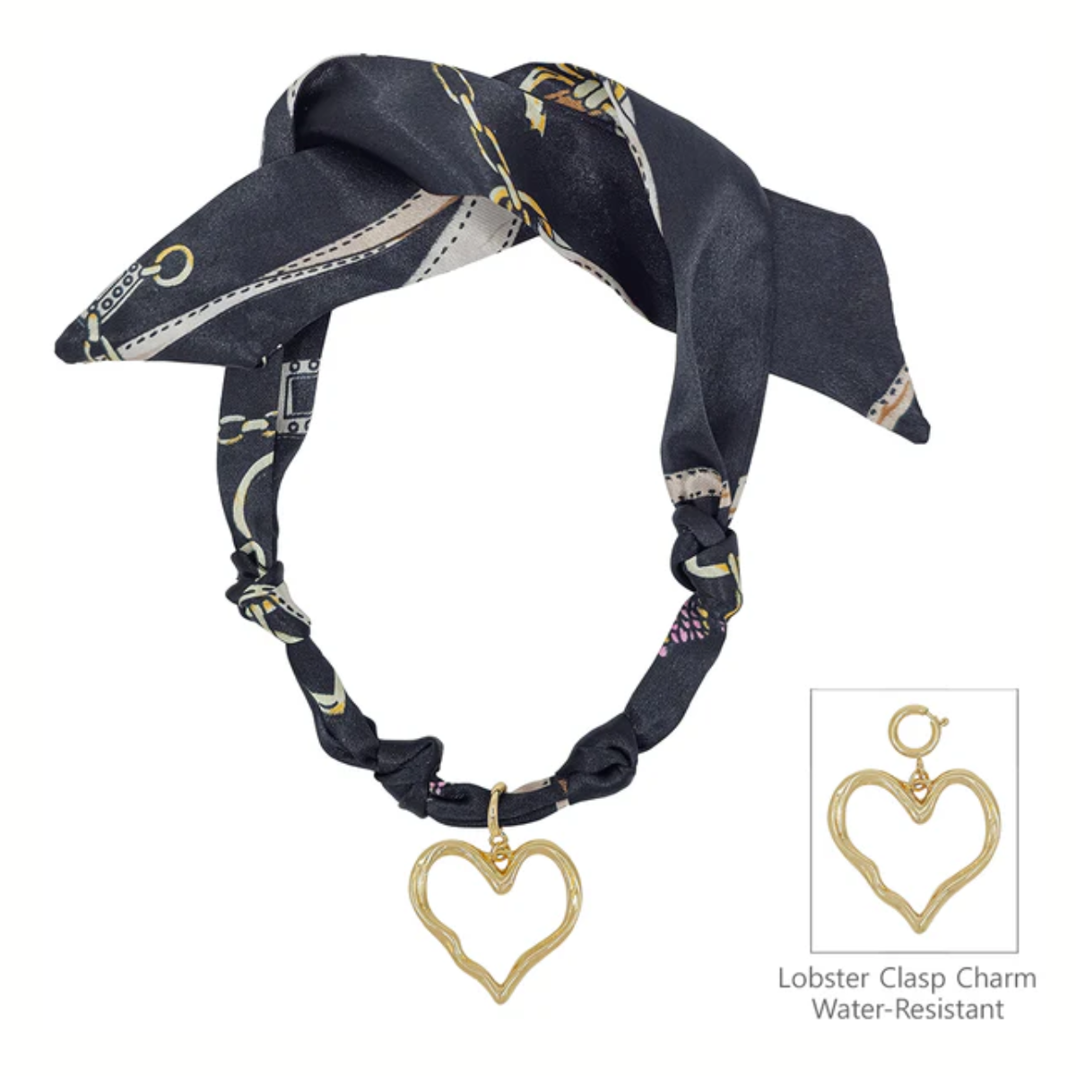 The FASHION GO Black Scarf Necklace features a twisted design, an open heart charm, and a gold lobster claw clasp. Inset highlights the water-resistant, labeled "Lobster Clasp Charm. Main image