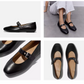 Four images of the Delicato Leather Mary Janes in All Black by Fit Flops, crafted from soft nappa leather, show close-ups, a top view, and a model pairing them with white pants.