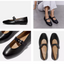 Four images of the Delicato Leather Mary Janes in All Black by Fit Flops, crafted from soft nappa leather, show close-ups, a top view, and a model pairing them with white pants.