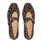 The Delicato Leather Mary Janes in Leopard by Fit Flops feature comfortable nappa leather and a brown and black leopard print, shown from above.