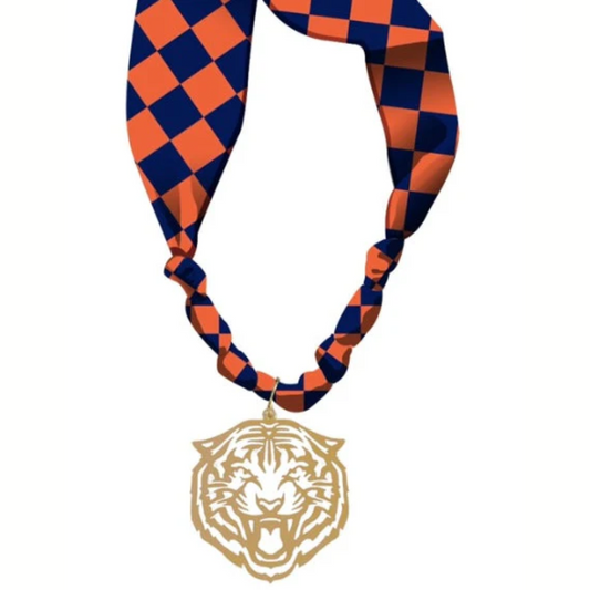 The Flipflops & Whatnots Navy and Orange Gameday Scarf Necklace is the perfect accessory to showcase your team colors on gameday.