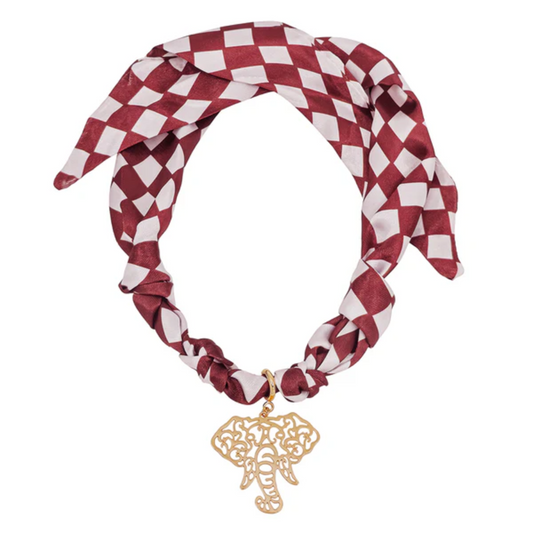 The What's Hot Burgundy and White Gameday Scarf Necklace features a gold elephant-shaped pendant—an essential Roll Tide accessory for any fan.