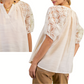 A woman wears the Gigio Lace Sleeve Top With Split Neck in light beige, featuring loose fit, short floral lace balloon sleeves, and a split neckline, shown from front and back views.