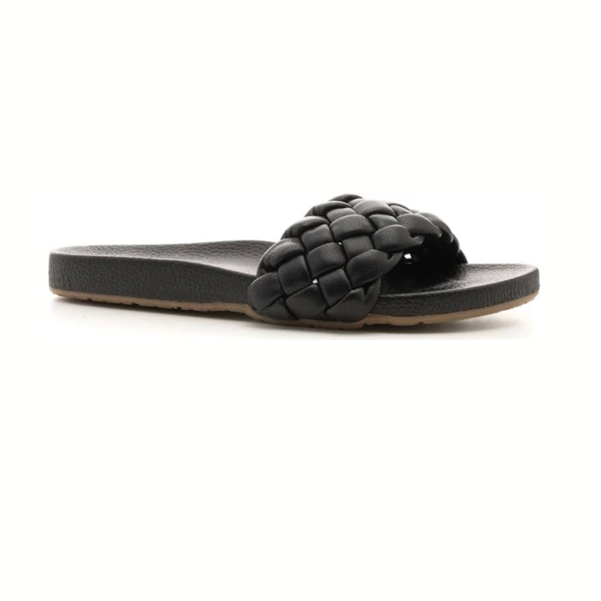 The CORKYS Extra Sandal in Black by CORKY'S FOOTWEAR INC features a thick, braided strap and flat sole, shown in side profile against a white background.