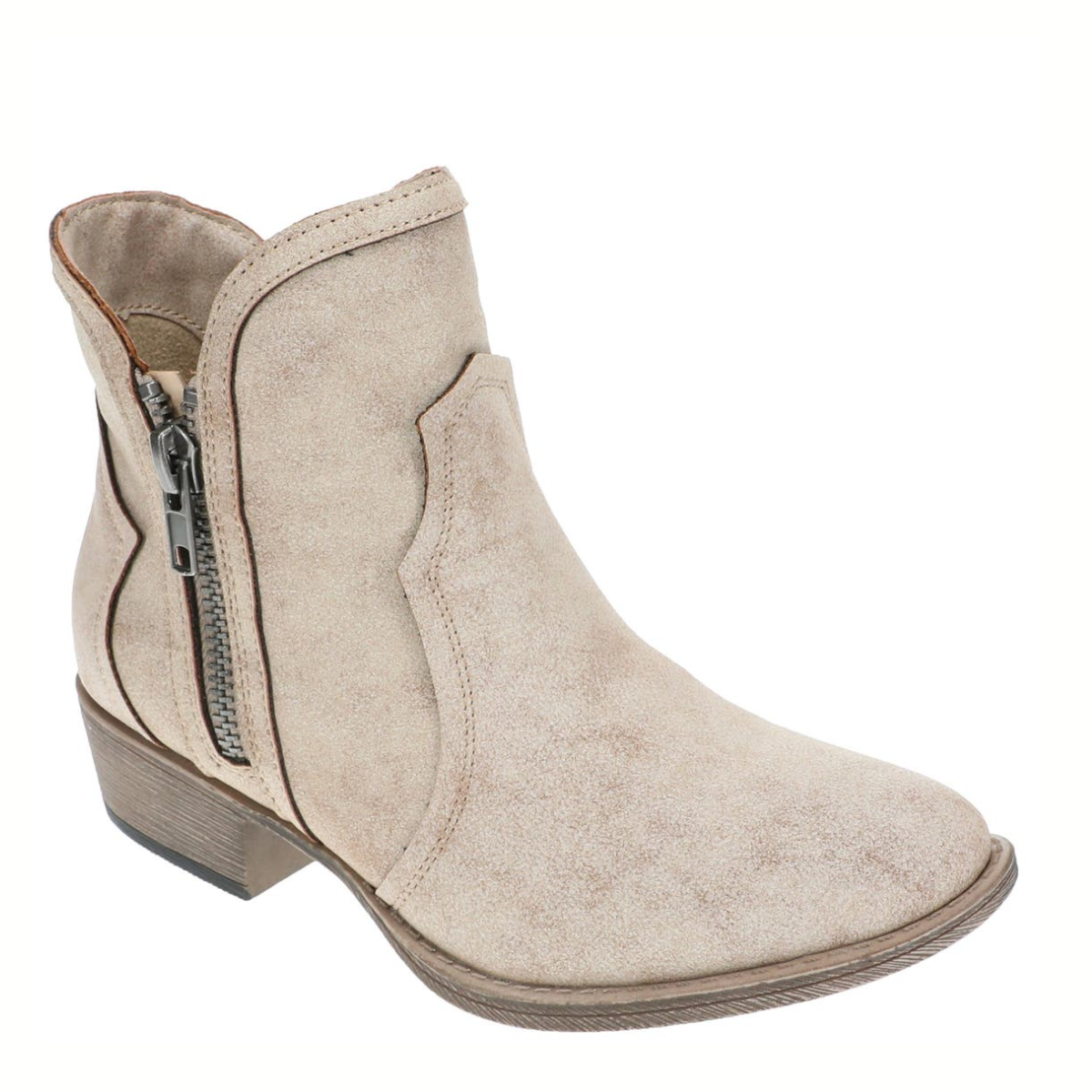 The Evie Boot by VERY G in Nude features a side zipper, low stacked heel, and decorative stitching for a subtle Western-inspired look.