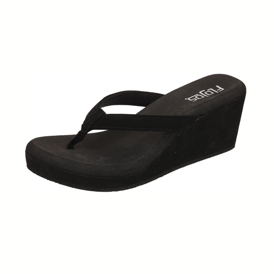 The FLOJOS Flojos Olivia Wedge Flip Flop in Black features a thick sole, thong-style straps, and a cushioned footbed for all-day comfort.