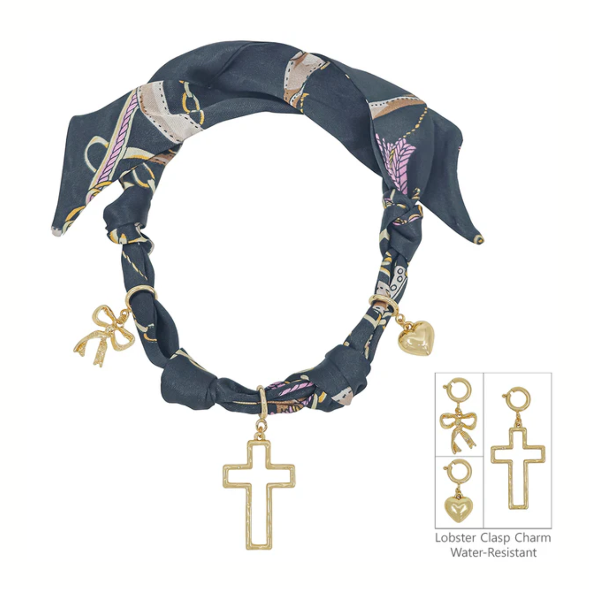 The What's Hot Black Scarf Necklace features trendy removable charms—a heart, cross, and pearl—plus a lobster clasp and water resistance. Inset close-ups highlight its stylish details. Main image