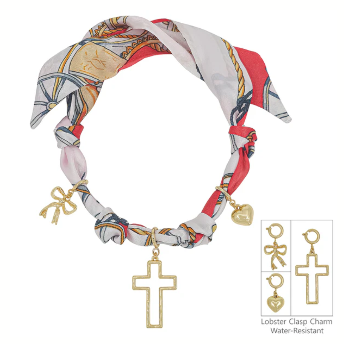 The What's Hot Red and White Scarf Necklace features heart, cross, and bow charms with a lobster clasp; inset highlights each charm. Main image