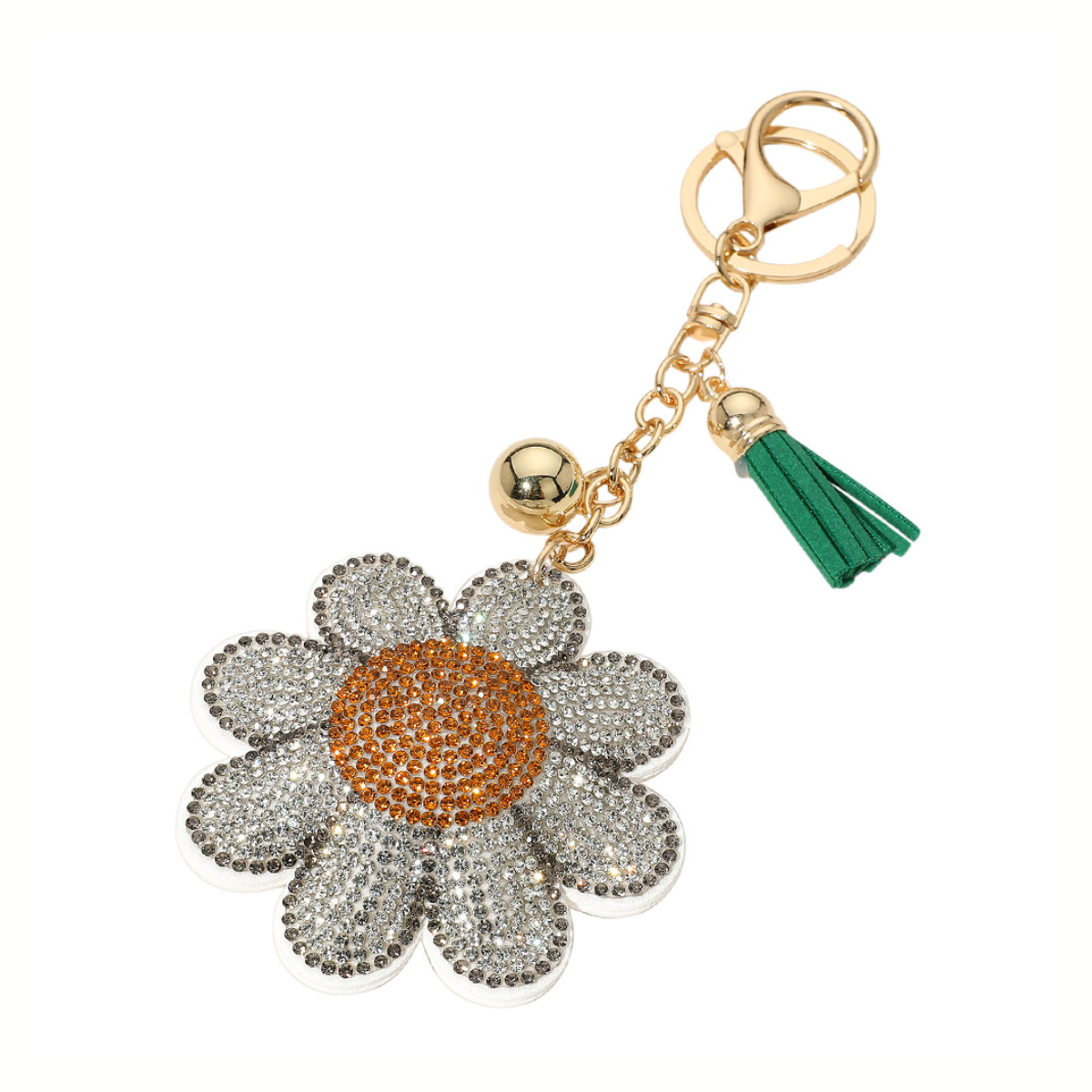 The Bling Studded Daisy Flower Keychain by Wona Trading features sparkling rhinestones, silver petals, an orange center, a green tassel, and a gold charm—perfect as a trendy bag accessory or stylish charm.