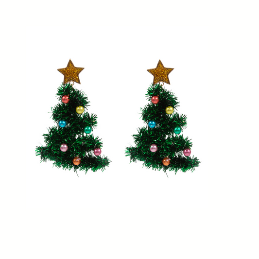 The Tinsel Christmas Tree Earrings from Wona Trading feature two festive trees with gold star toppers and colorful ornaments, set against a white background—perfect for adding playful holiday flair to your look.