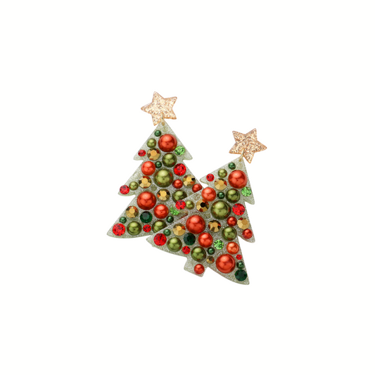 The Christmas Tree Earrings by wona trading feature tree shapes topped with gold stars and adorned with red, green, and gold baubles, capturing festive holiday charm against a white background.