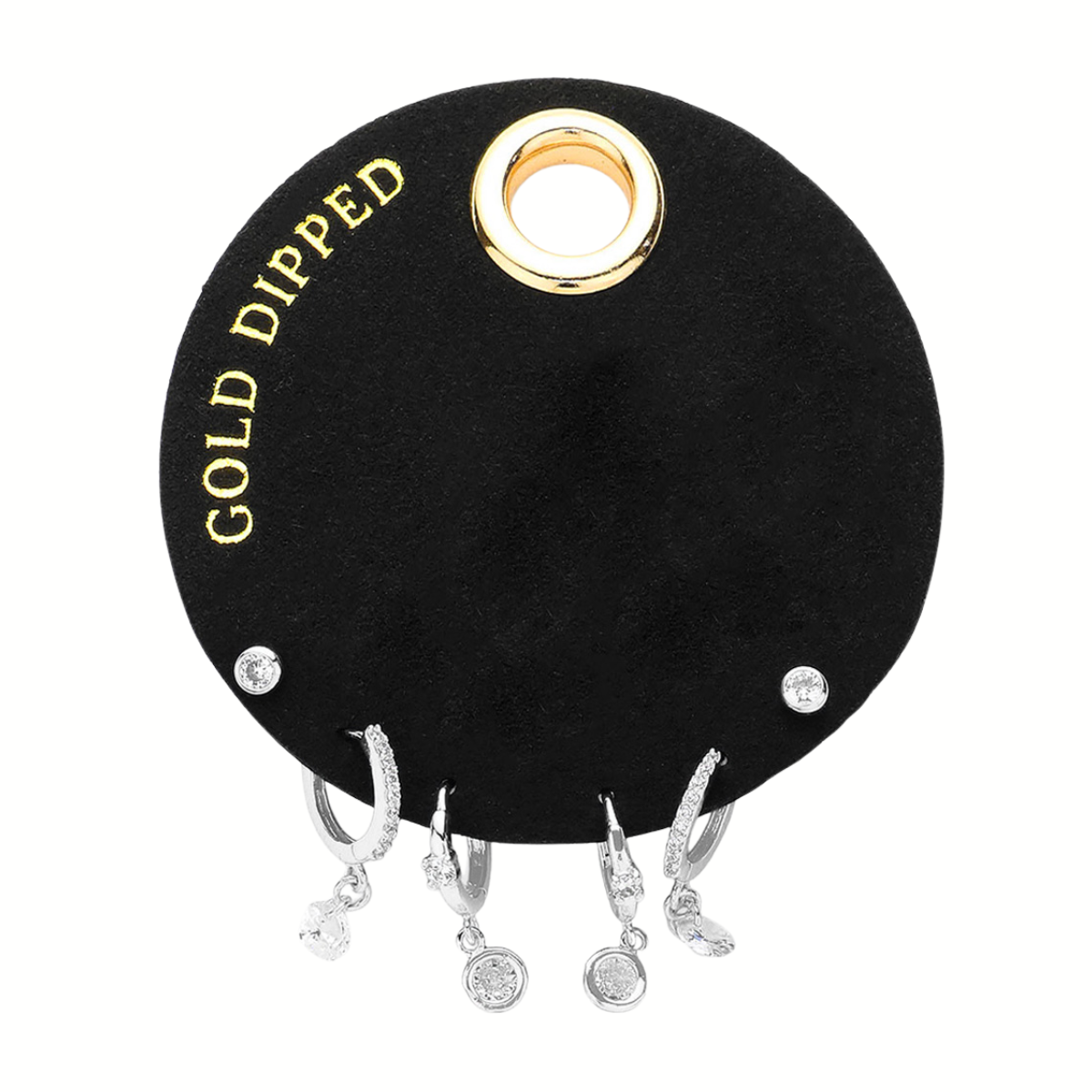A black circular card labeled "White Gold Dipped" by Wona Trading displays three pairs of small silver post back earrings with clear stones. Main image