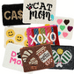 The Seed Bead Accented Mini Pouch Bag Assorted by Wona Trading features fun designs and sayings like "CAT MOM," "XOXO," "CA$H," emojis, hearts, pastries, and tennis rackets—an ideal gift for any fashion lover.