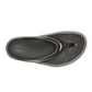 The OOFOS LLC OOmega OOlala in Titanium Mirror is a flip-flop sandal, shown from above on a white background, featuring a textured footbed, thong-style strap, and OOfoam™ technology for superior cushioning and arch support.
