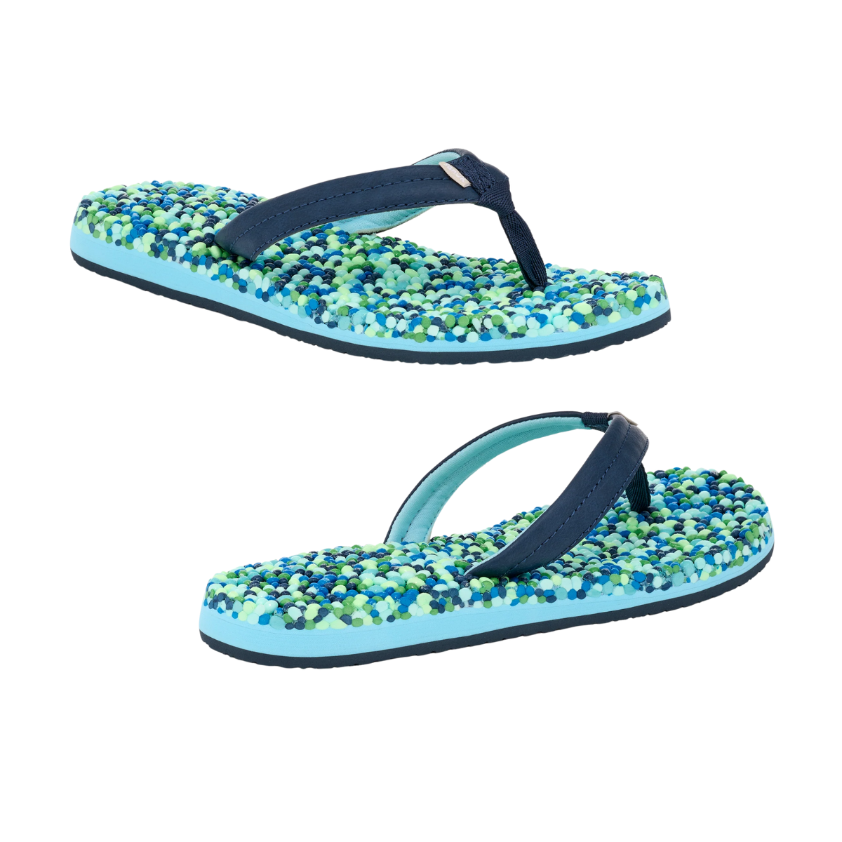 Sanuk's Bubblecush Flip Flops have blue straps and a vibrant sole adorned with green, blue, and white beads. They're water-friendly and quick-drying, ideal for sunny beach days.