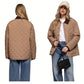 A woman models the FASHION GO Long Sleeve Puffer Jacket with Contrasting Collar in tan, styled with blue jeans and a beige cap, shown from front and back; in front view, she carries a small black bag.