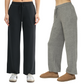 Two people wear Fashiongo’s Brushed Hacci Wide Leg Lounge Pants—one in black with sneakers, the other in grey with slippers. Both pairs feature a drawstring waist and relaxed fit for ultimate comfort.