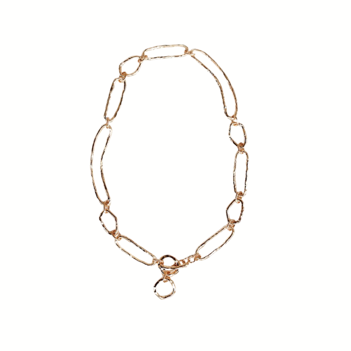 The FASHION GO Textured Chain Link Necklace features large, irregular oval links and a single round pendant at the clasp, shown against a white background. Main image