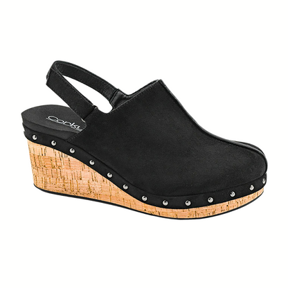 The Make Em Blush Wedge Clog by CORKY'S FOOTWEAR INC features a black slingback design, platform cork sole, and silver stud accents for a trendy, elevated look inspired by boutique and faux suede clogs.