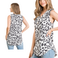 A woman models the FASHION GO V-neck Animal Print Tank Top, sleeveless in black and white, shown from front and back with light blue jeans.