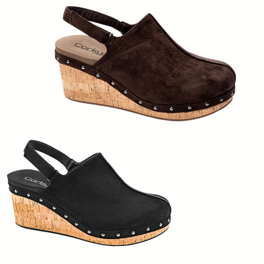 The CORKY'S FOOTWEAR INC Make Em Blush Wedge Clog features cork soles, studded details, and slingback straps in chic clog-inspired styling—available in brown faux suede or black.