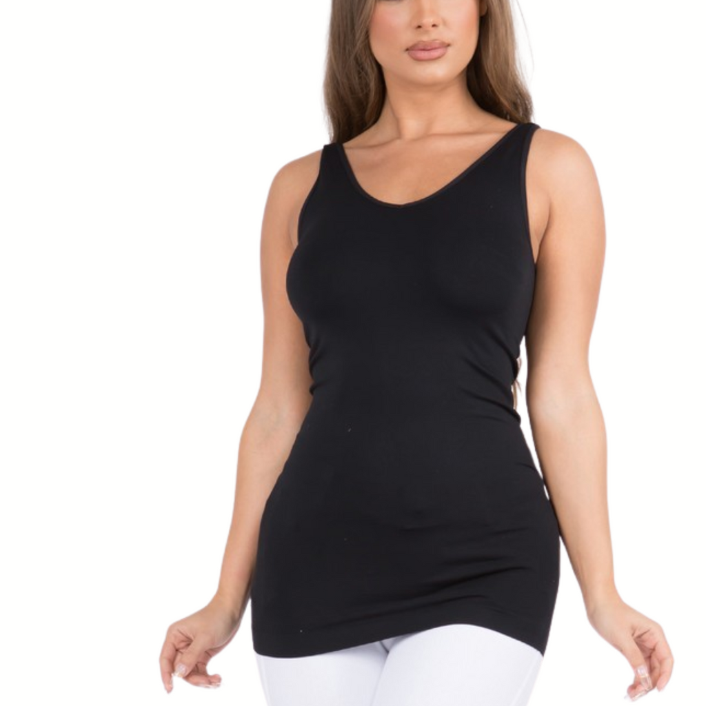 A person poses against a white background, showcasing their fitted silhouette in FASHION GO's buttery soft, black Reversible V or U Neckline Seamless Tank paired with white pants.