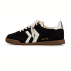 The Neevan Sneaker in Black Suede by Yellow Box features a gum sole, white laces, silver heel tab, cushioned insole, and "YBX EST 1998" text—making it the perfect go-to everyday sneaker.
